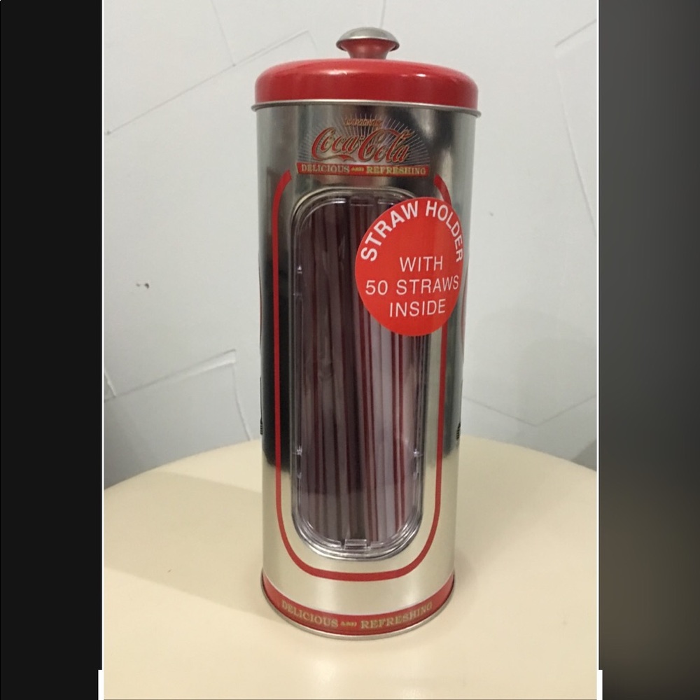 Coca Cola Collectible Tin Straw Holder & 50 Straws